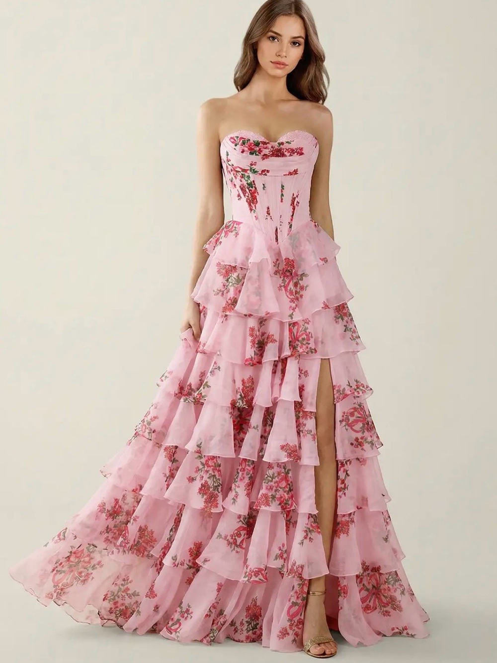 Strapless Pink Floral Ruffle Tiered Evening Gown